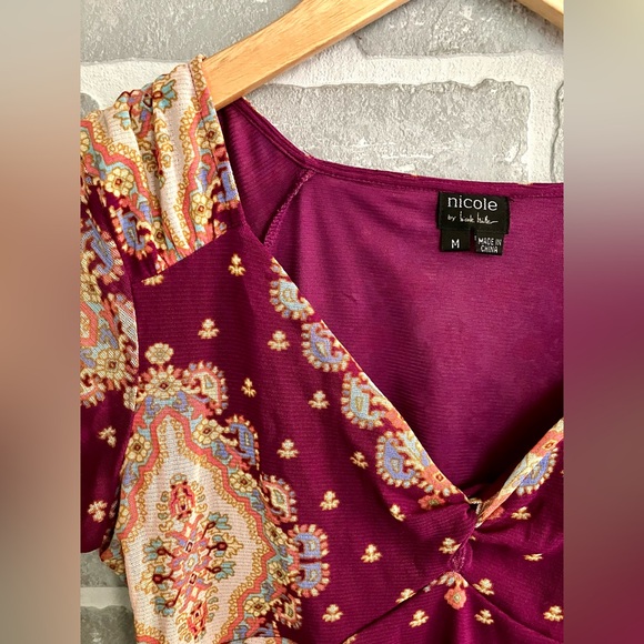 Nicole Miller 🤎 Asian-Inspired V neck Keyhole Sleeve Blouse Feminine Y2K style - Picture 2 of 4